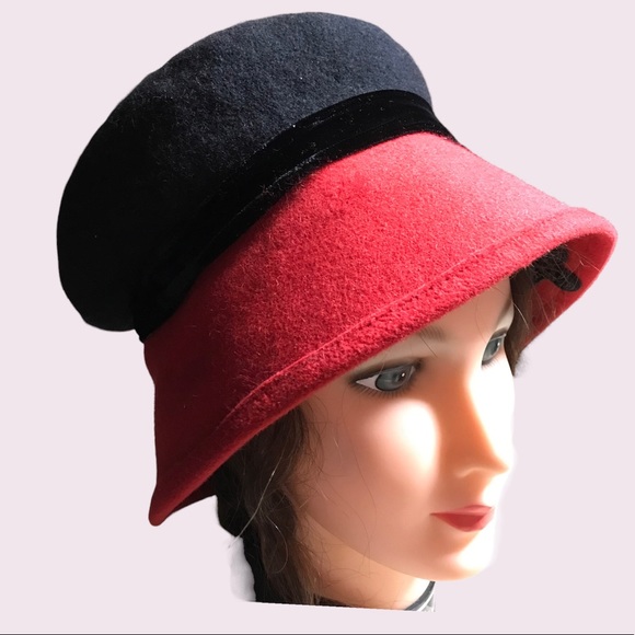 Hoodlums LTD pillbox / cloche hat. Red and black wool felt floppy hat - Picture 1 of 5